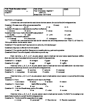 Đề kiểm tra 1 tiết Unit 4+5 môn Tiếng Anh Lớp 7 - Năm học 2017-2018 - Trường THCS Vĩnh Thanh (Có đáp án)